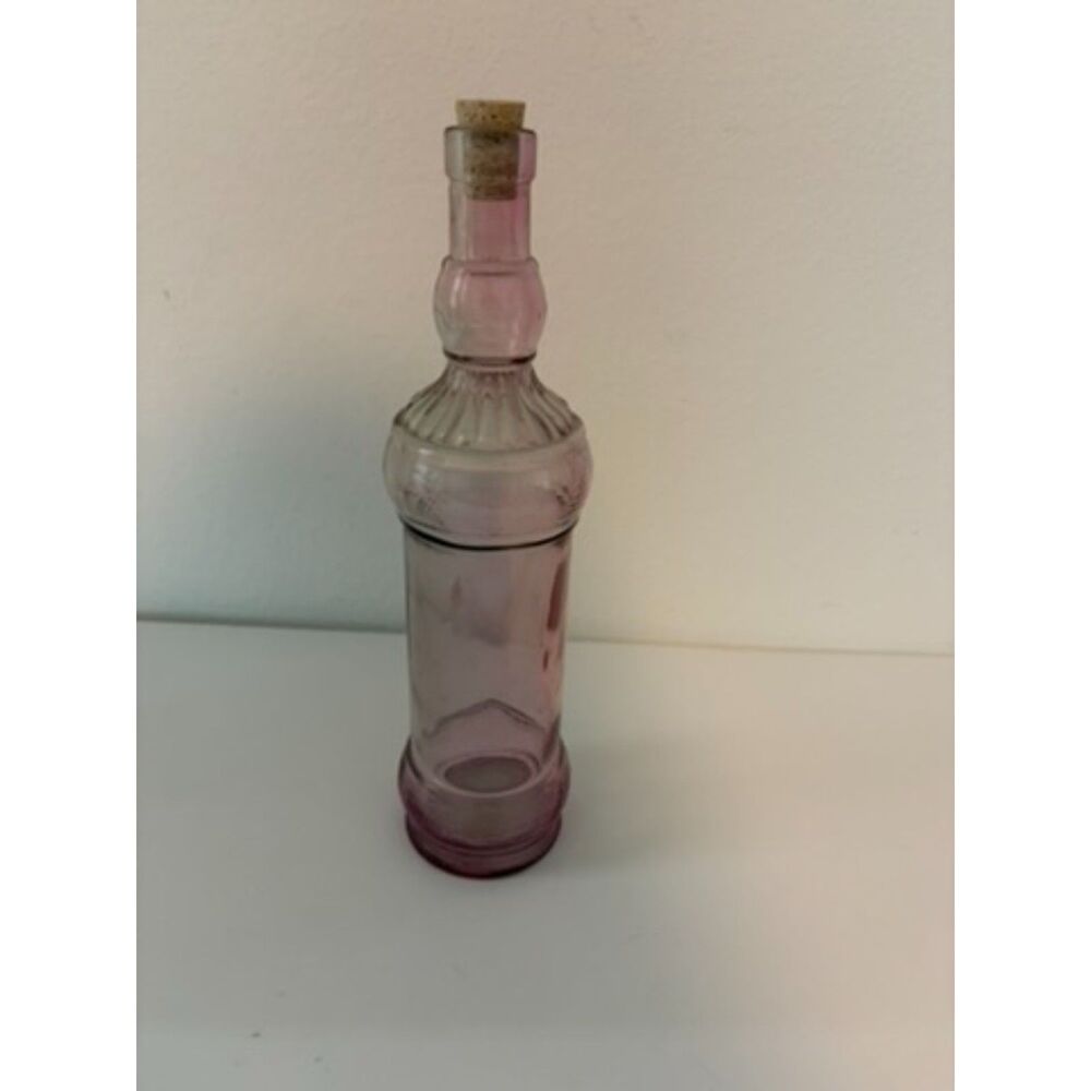 vtg Purple glass bottle with cork stopper ribbed design